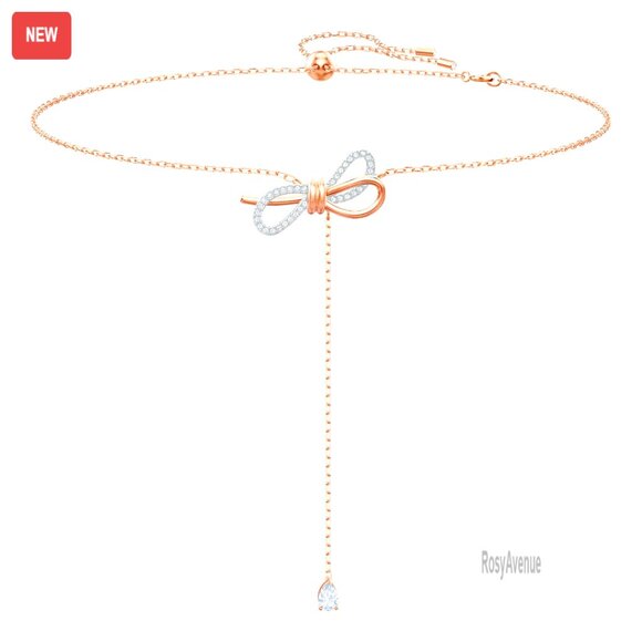 Adjustable Bow Pendant Necklace with Crystals Rhodium Finish Gift Idea